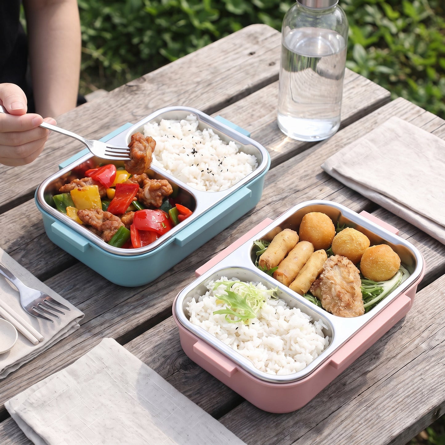 Stainless Steel Bento Lunch Box 1000ml 2 Compartment Clear Lid - Image 4