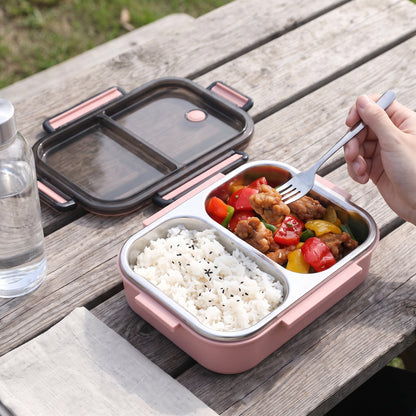 Stainless Steel Bento Lunch Box 1000ml 2 Compartment Clear Lid - Image 1