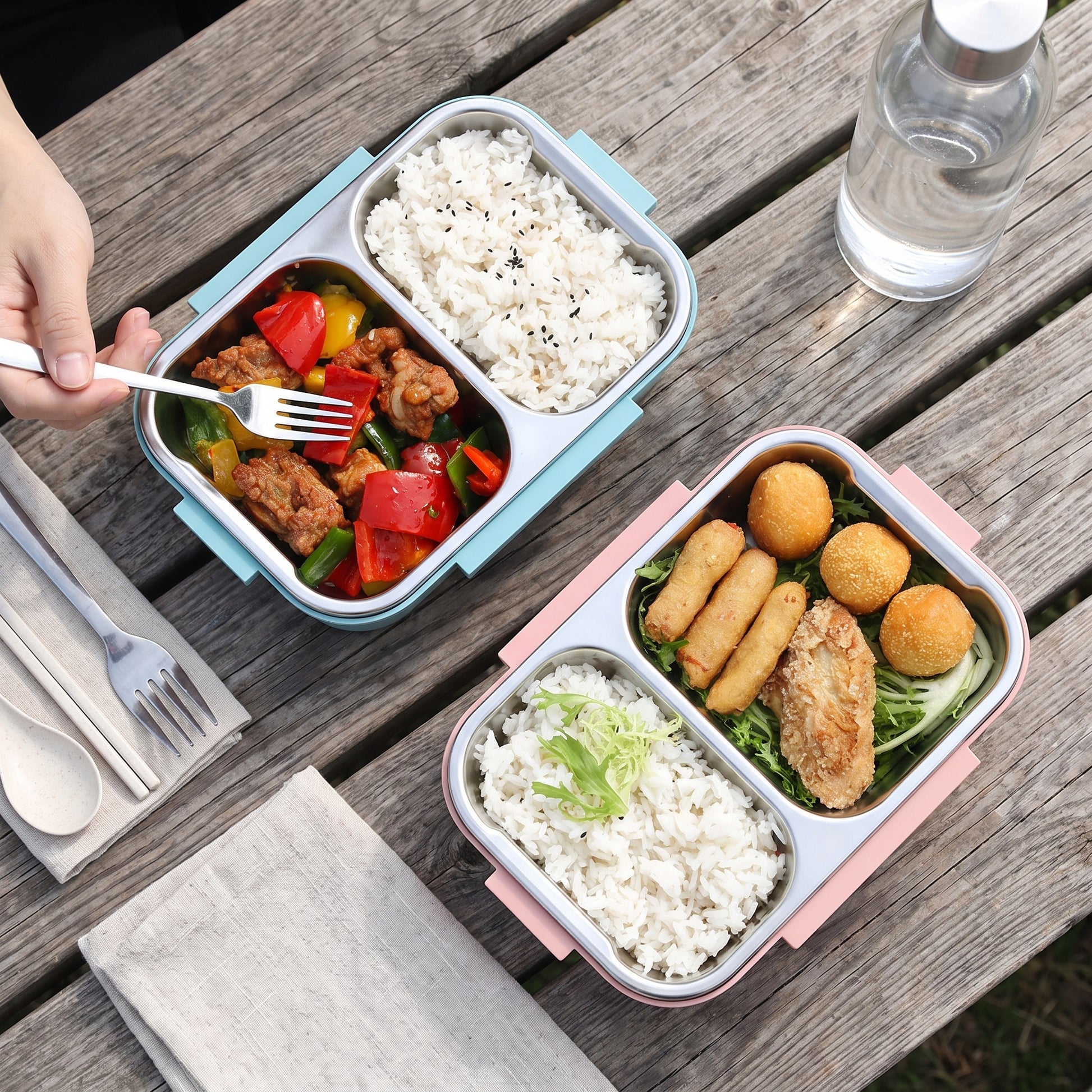 Stainless Steel Bento Lunch Box 1000ml 2 Compartment Clear Lid - hero