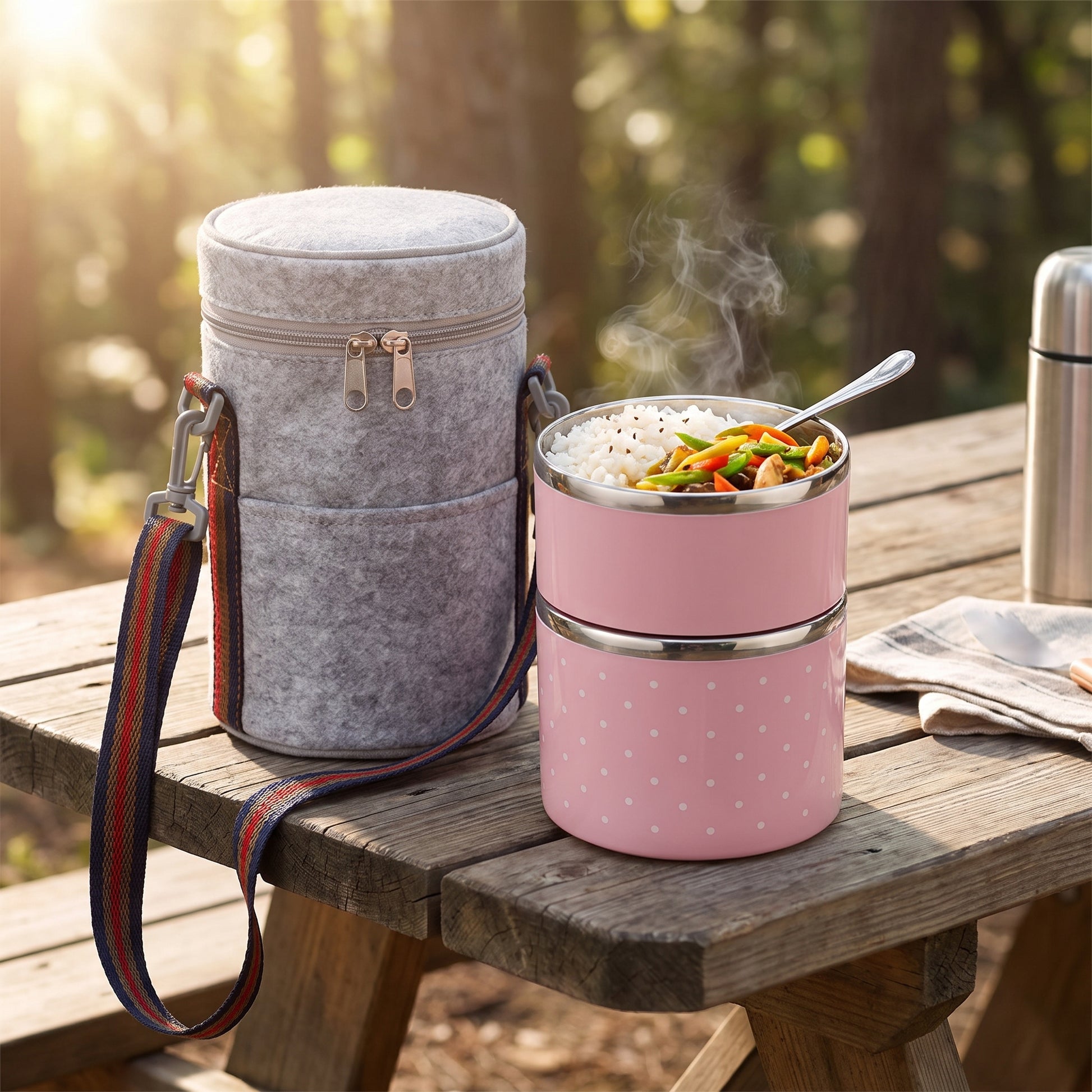 lunch box stainless steel insulated multi-tier food storage container - in-use