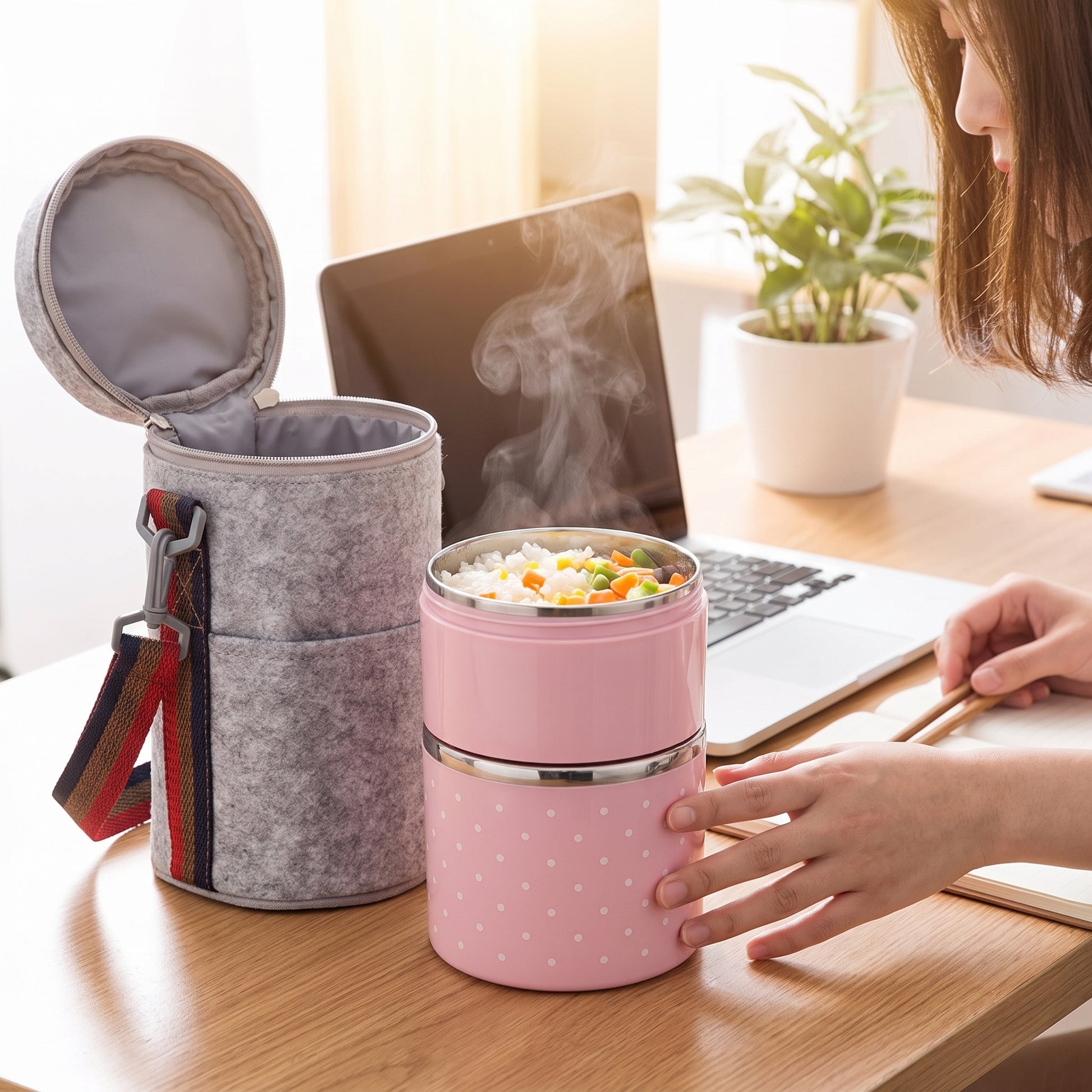 lunch box stainless steel insulated multi-tier food storage container - in-use