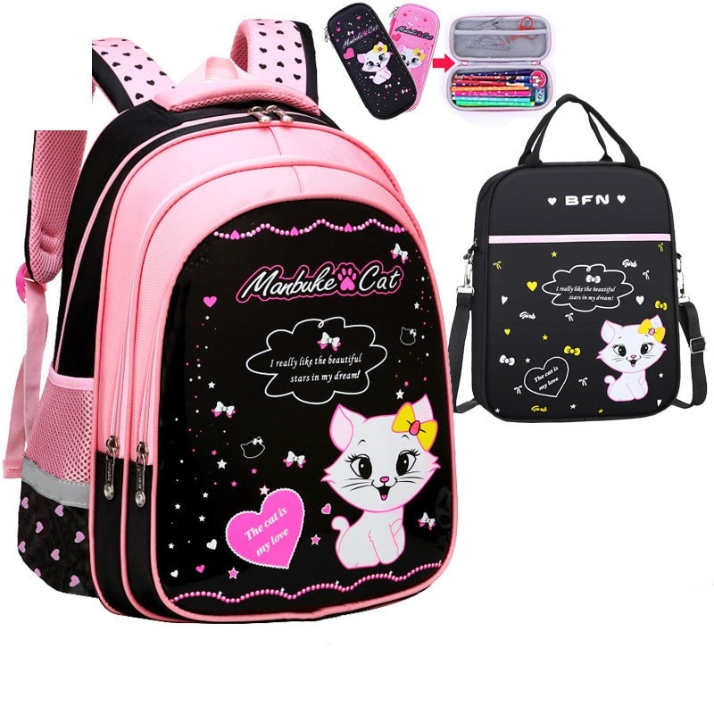 Kids Backpack Black Print Bag Cat Design - Image 1