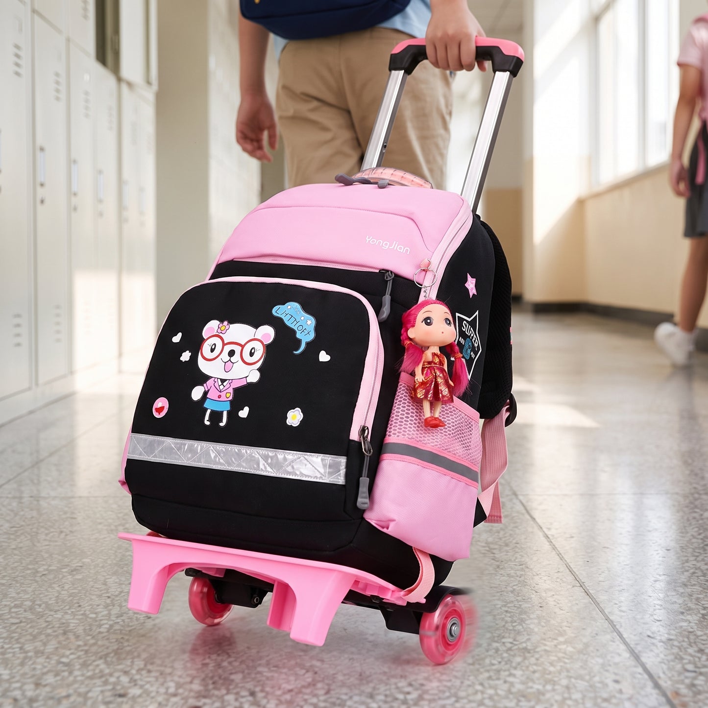 School Bag Childrens Rolling Backpack Wheeled Detachable - in-use