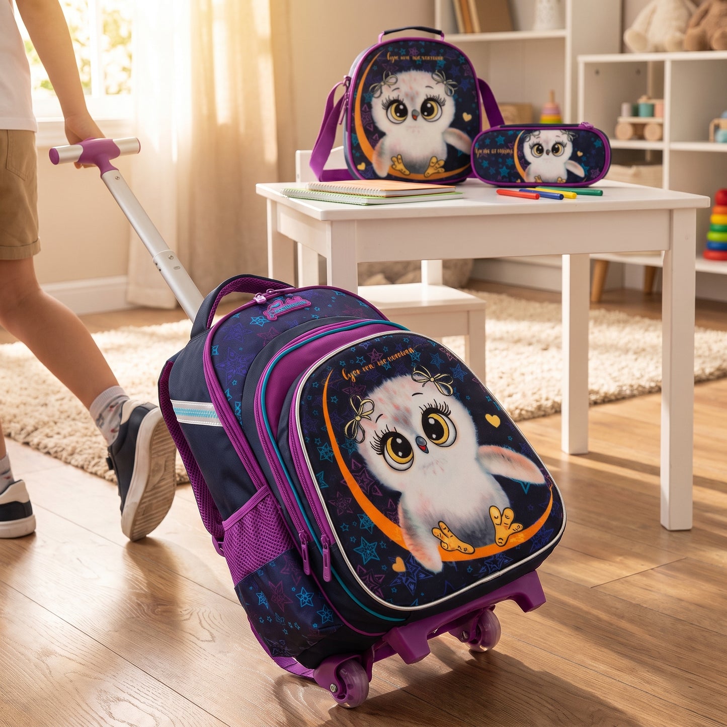 School Bag Childrens Rolling Backpack Cartoon Set - in-use