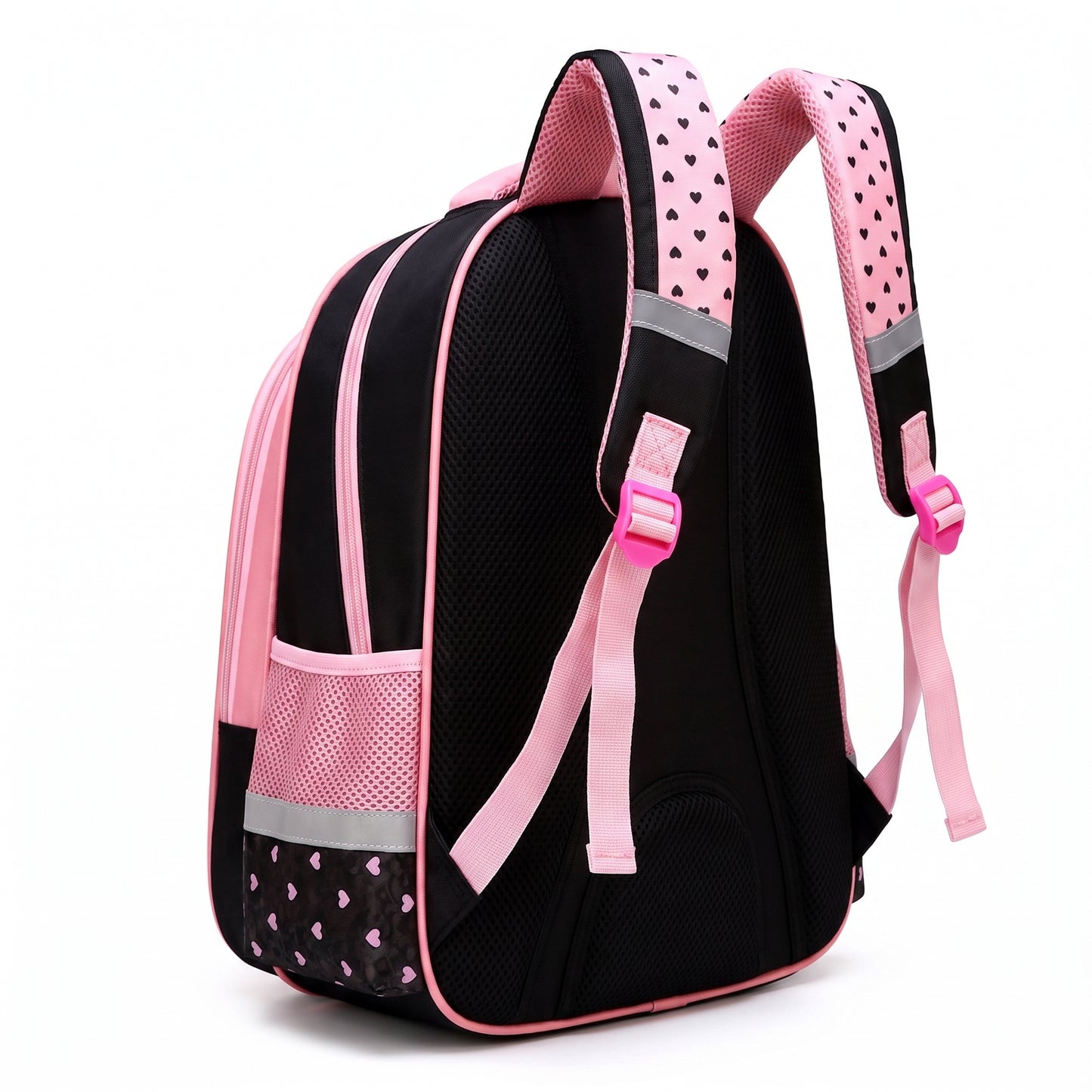 Backpack School Bag Girls Pink Black Cat Print - angle