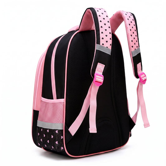 Backpack School Bag Girls Pink Black Cat Print - angle