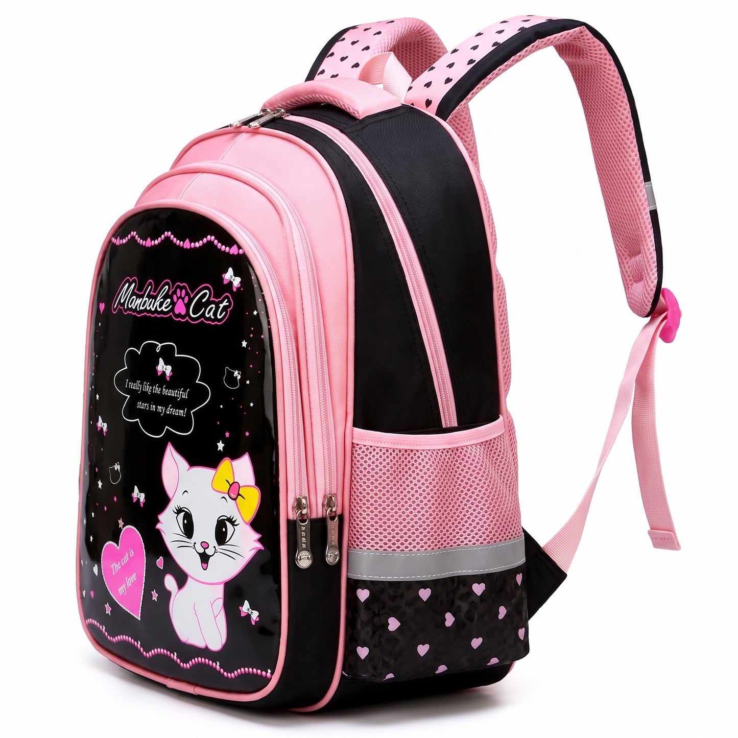 Backpack School Bag Girls Pink Black Cat Print - angle
