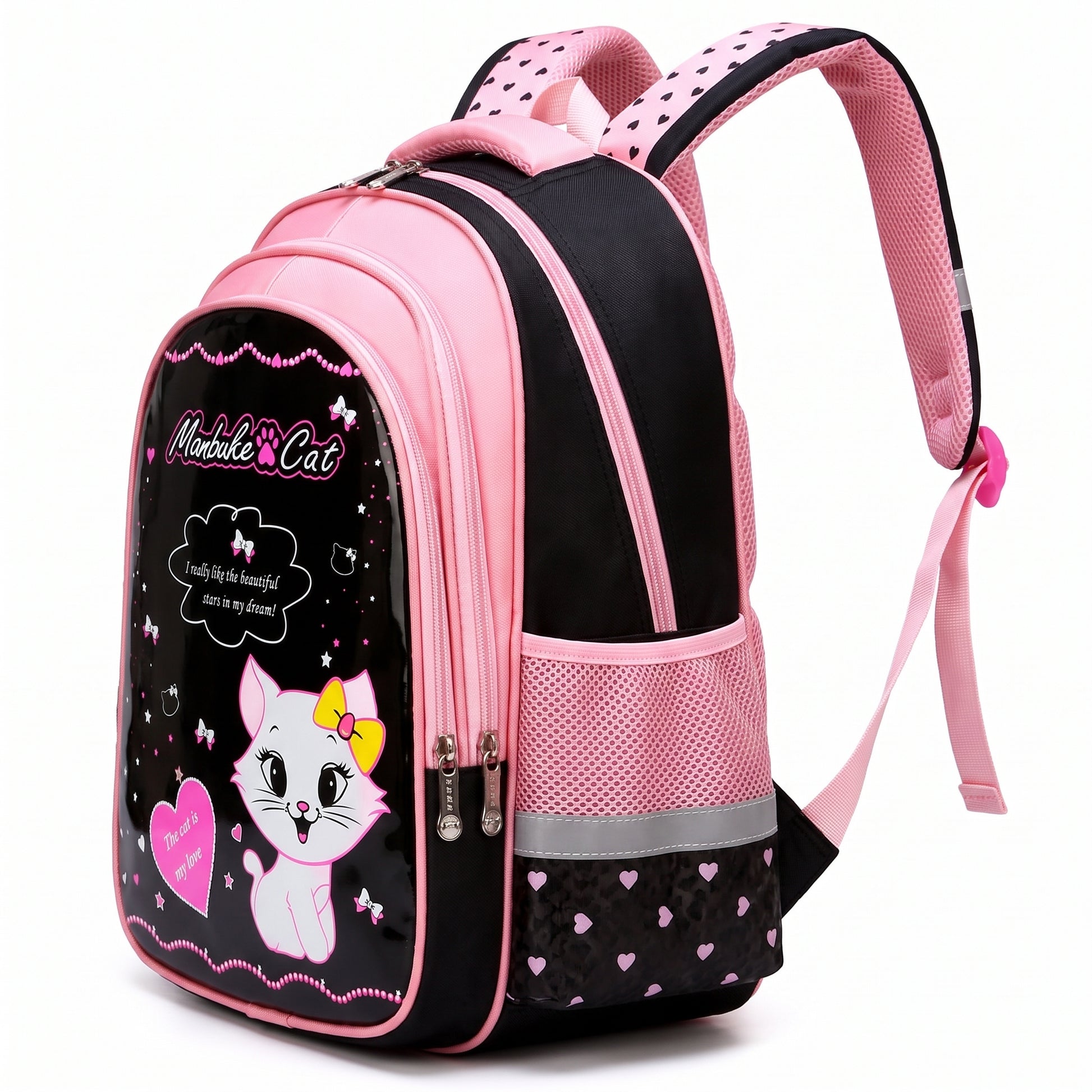 Backpack School Bag Girls Pink Black Cat Print - angle