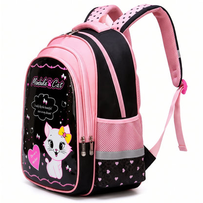 Backpack School Bag Girls Pink Black Cat Print - angle