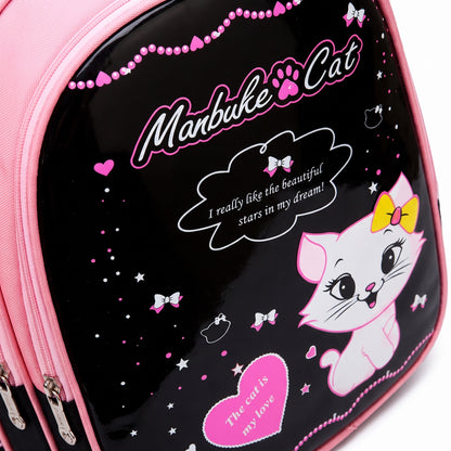 Backpack School Bag Girls Pink Black Cat Print - detail
