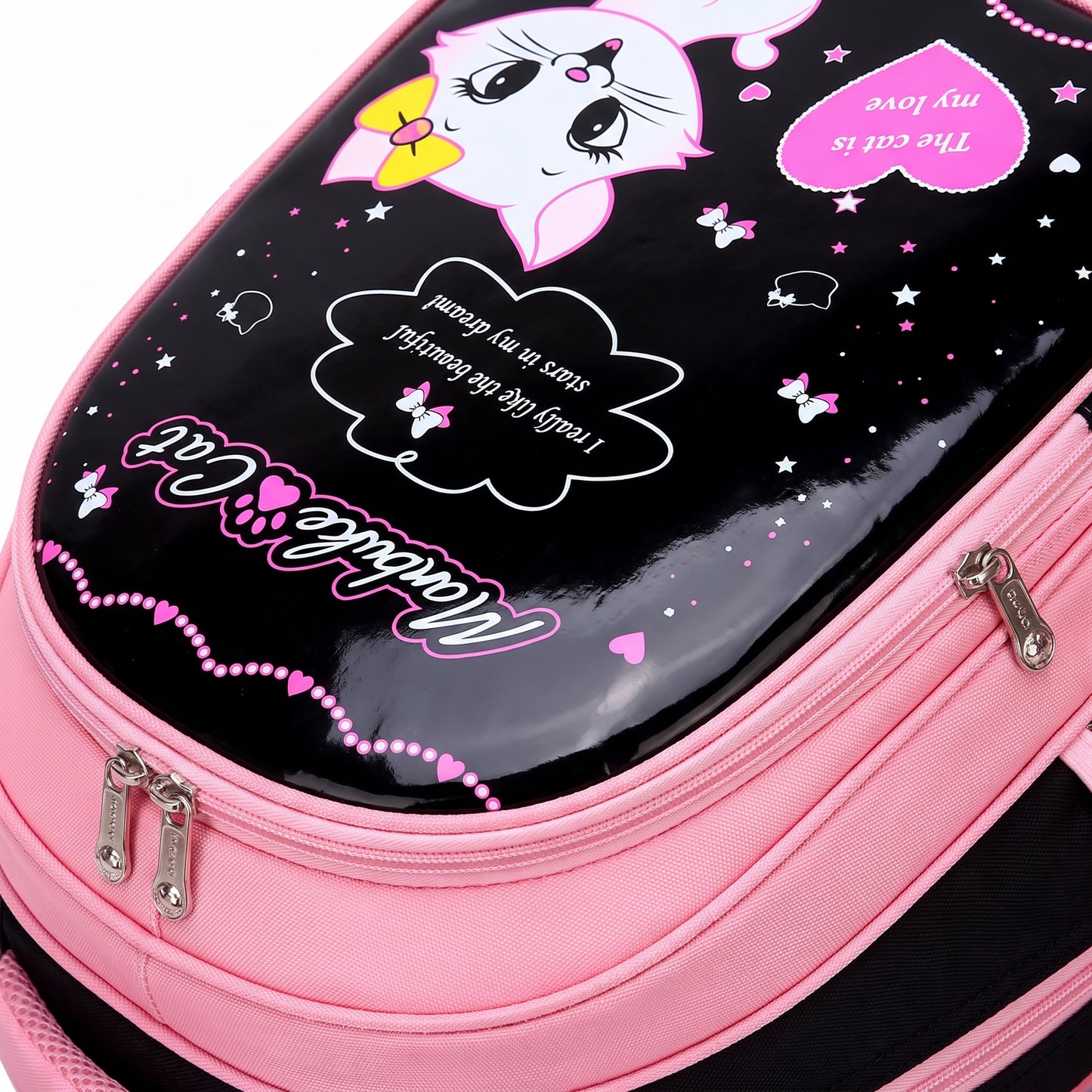 Backpack School Bag Girls Pink Black Cat Print - detail