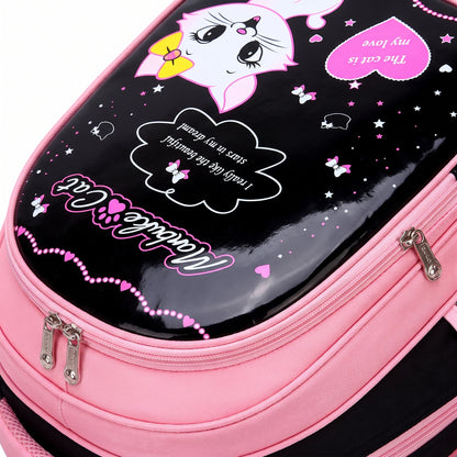 Backpack School Bag Girls Pink Black Cat Print - detail