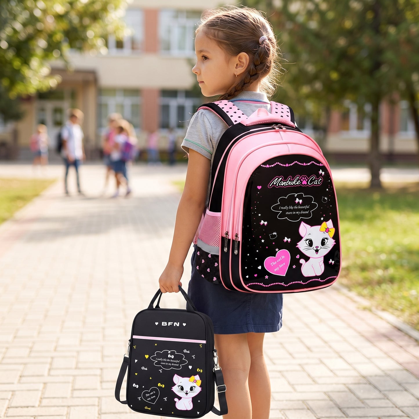 School Bag Cat Print Backpack Lunch Pencil Cases kpop girls - hero