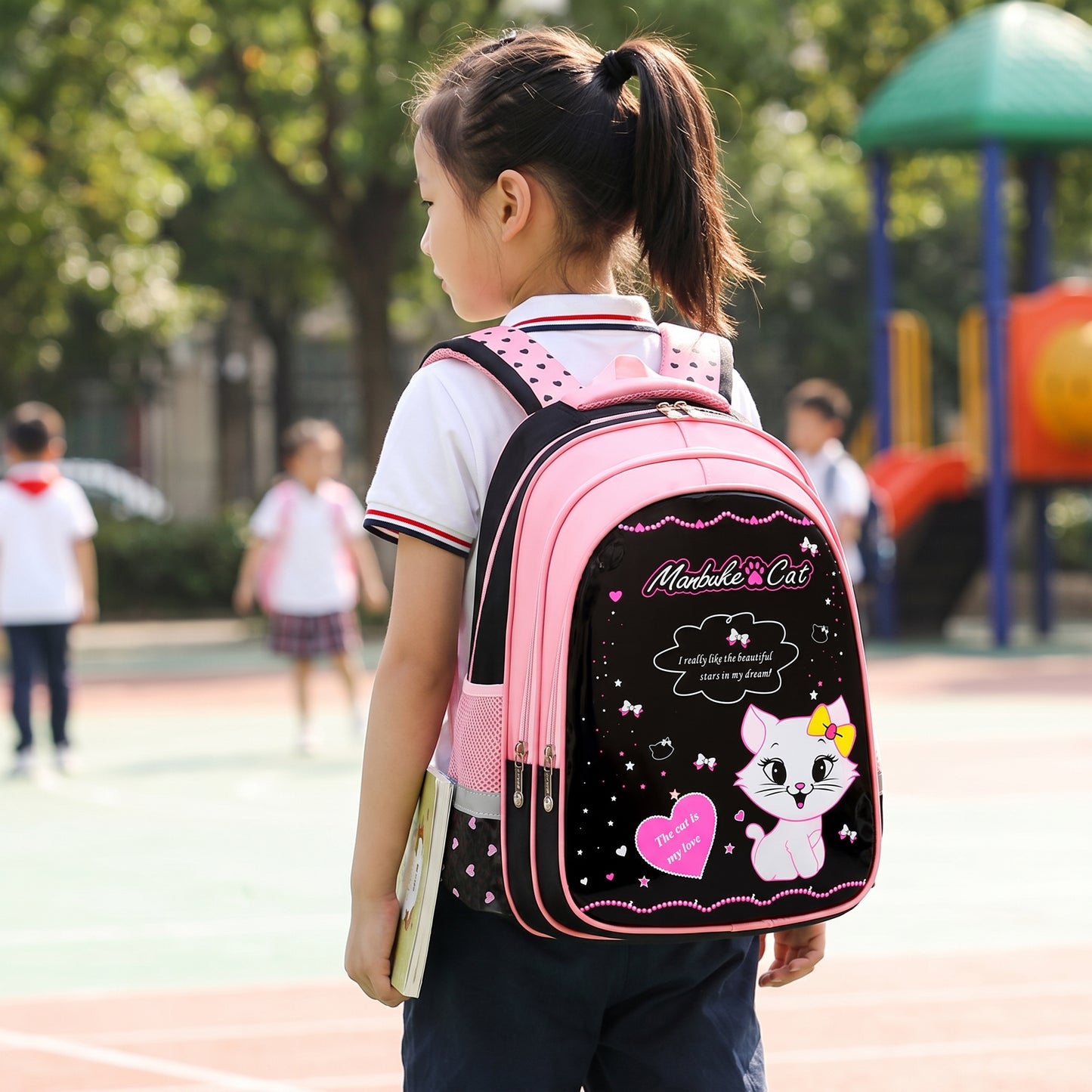 Backpack School Bag Girls Pink Black Cat Print - hero