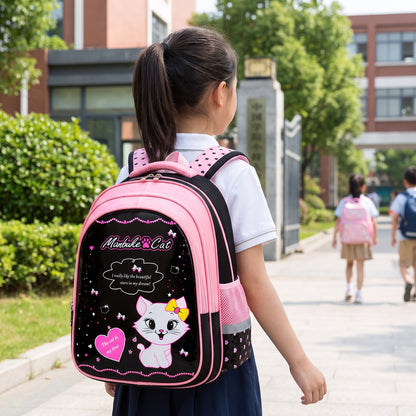 Backpack School Bag Girls Pink Black Cat Print - hero