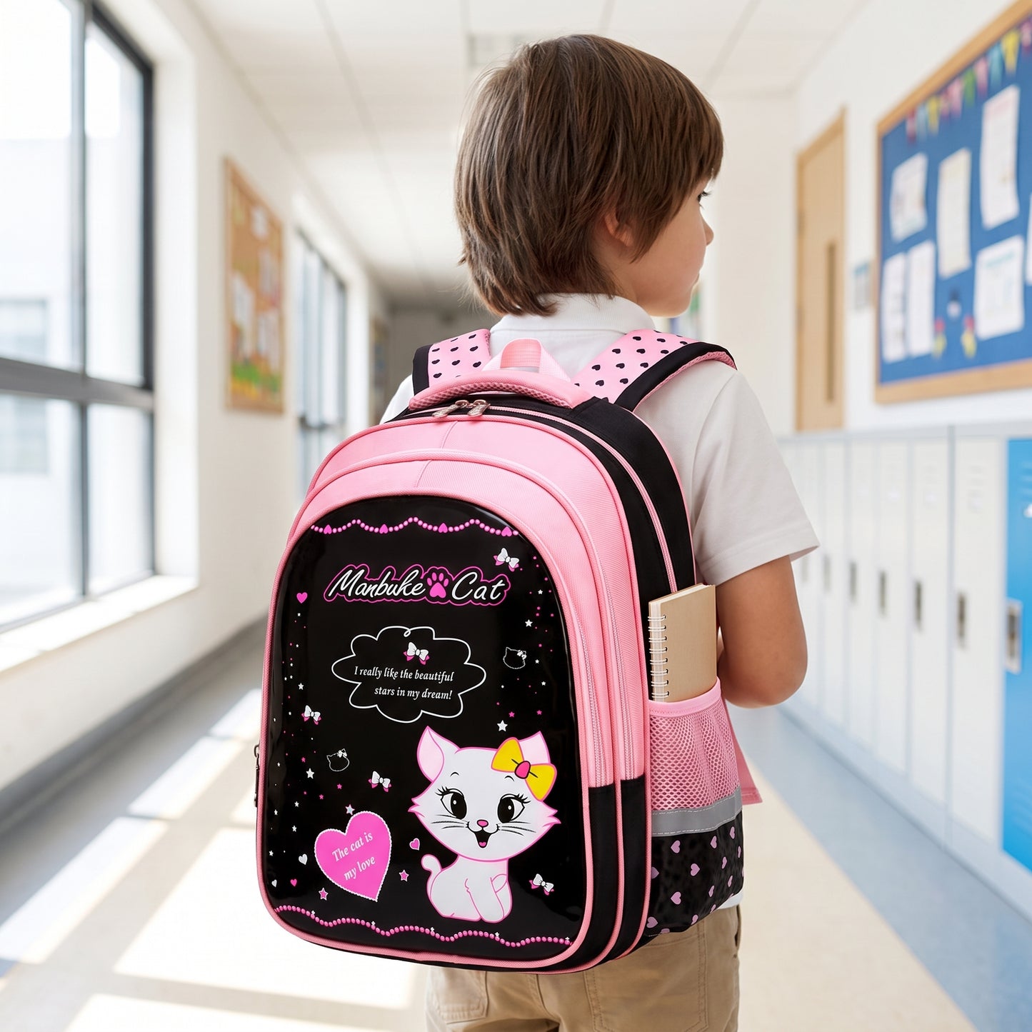 Backpack School Bag Girls Pink Black Cat Print - in-use