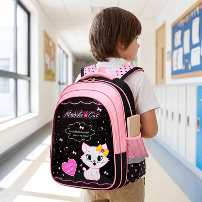 Backpack School Bag Girls Pink Black Cat Print - in-use
