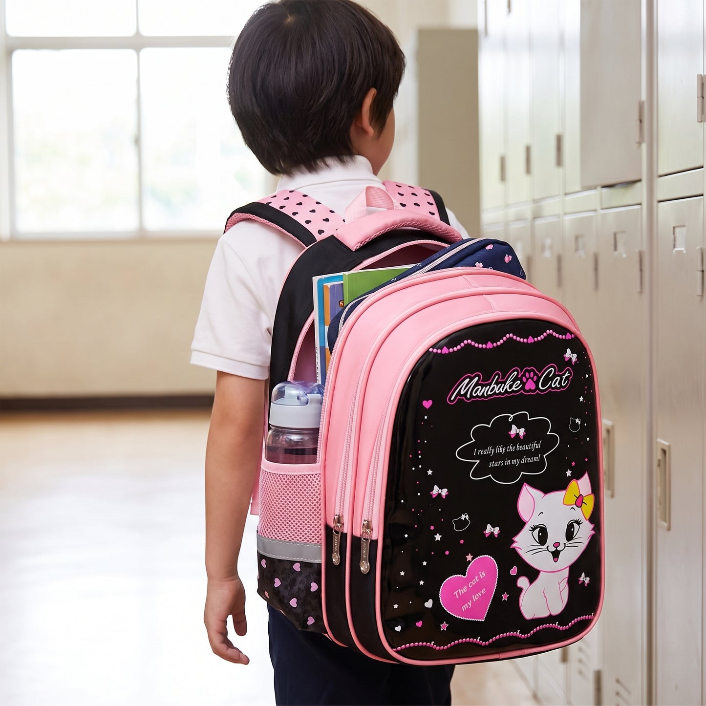Backpack School Bag Girls Pink Black Cat Print - in-use