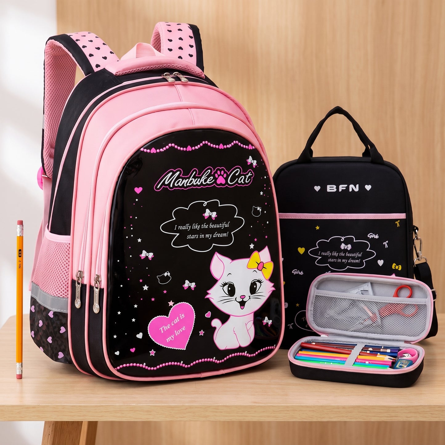 Backpack School Bag Girls Pink Black Cat Print - scale