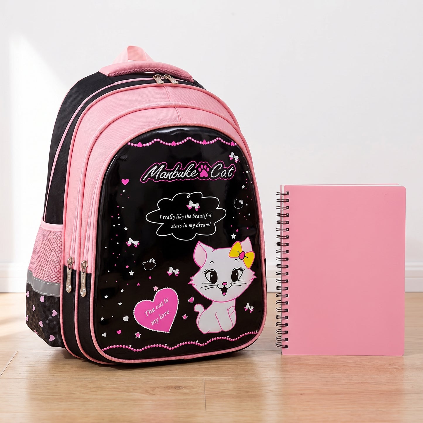 Backpack School Bag Girls Pink Black Cat Print - scale