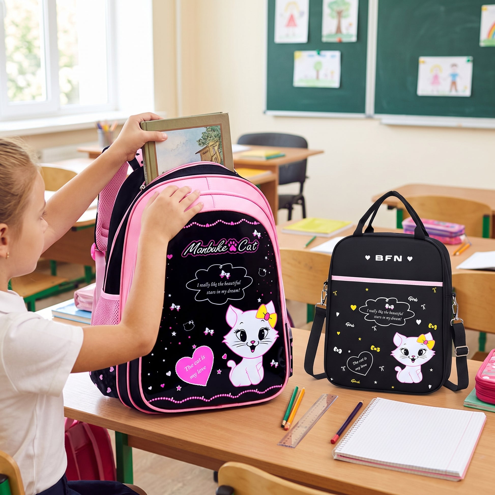Kids Backpack Childrens School Bag kpop girls Cat Set - in-use