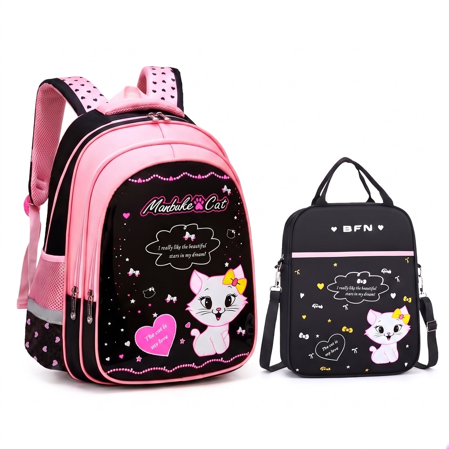 Backpack School Bag Girls Pink Black Cat Print - Image 5