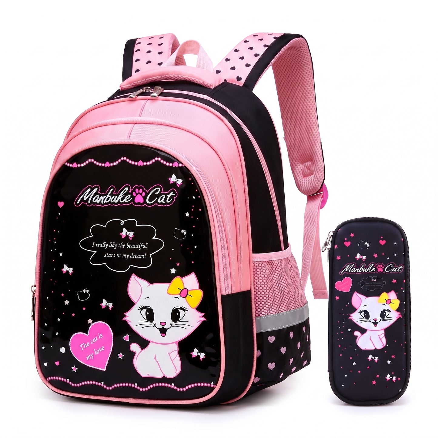 Backpack School Bag Girls Pink Black Cat Print - Image 18