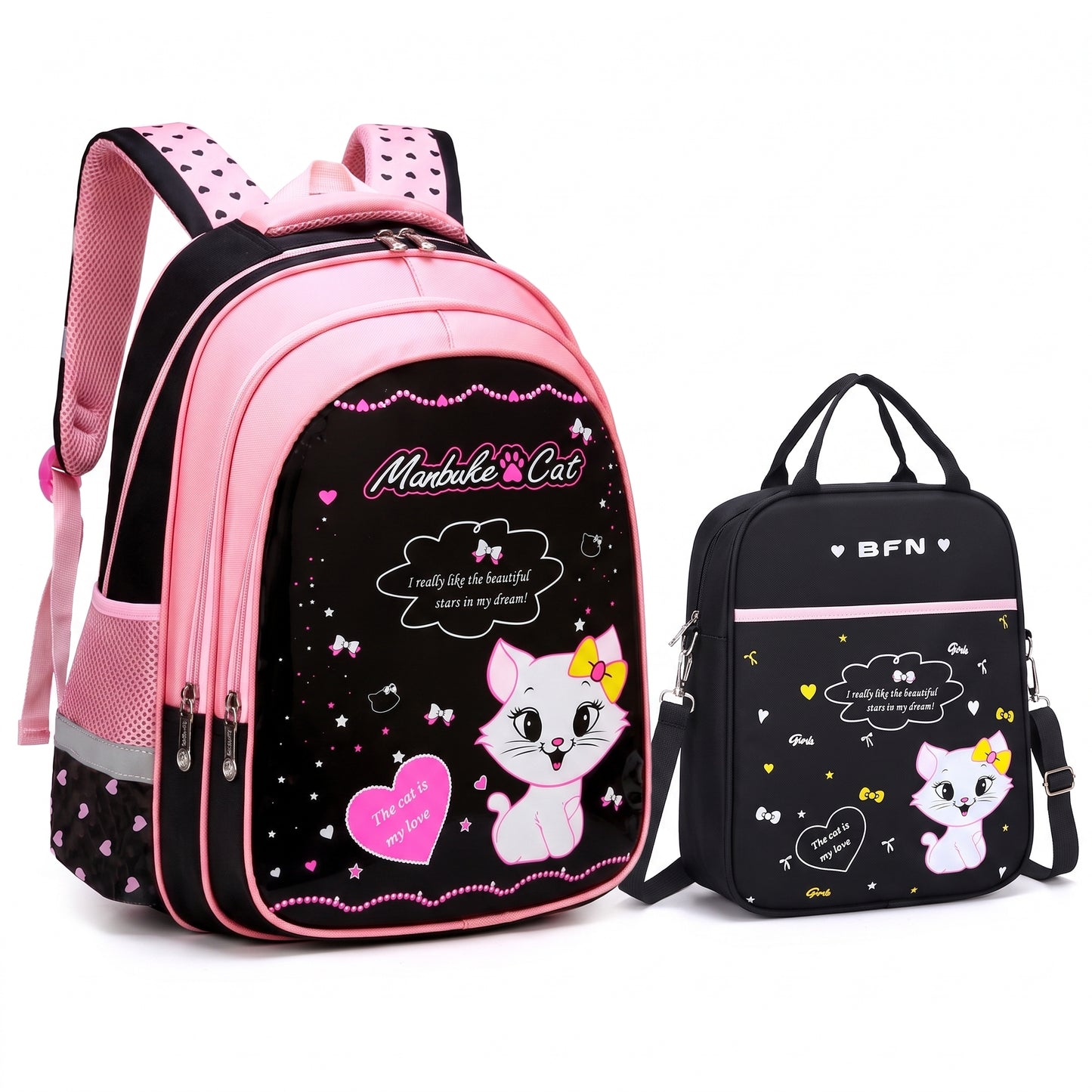 School Bag Cat Print Backpack Lunch Pencil Cases kpop girls - Image 5