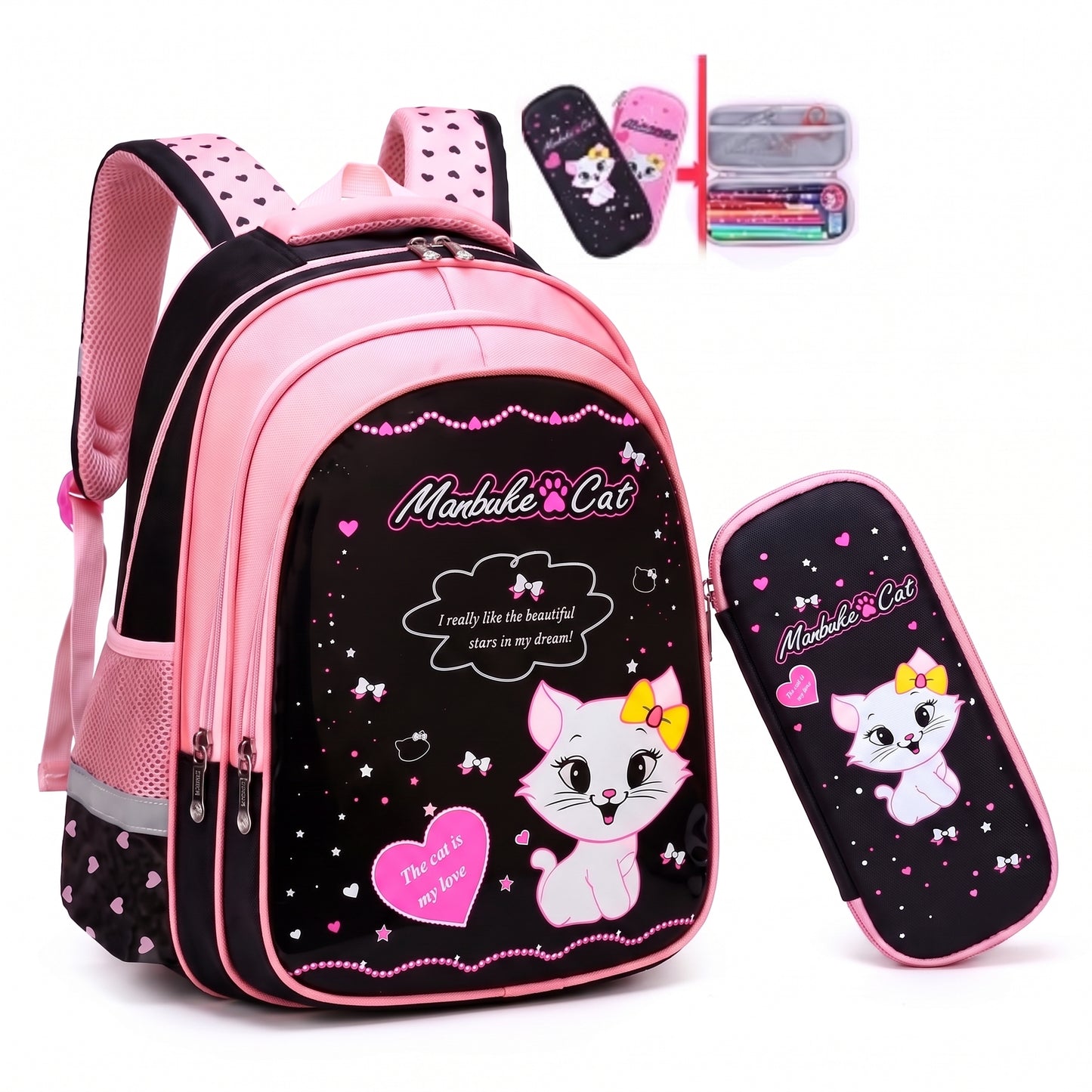 Backpack School Bag Girls Pink Black Cat Print - Image 10