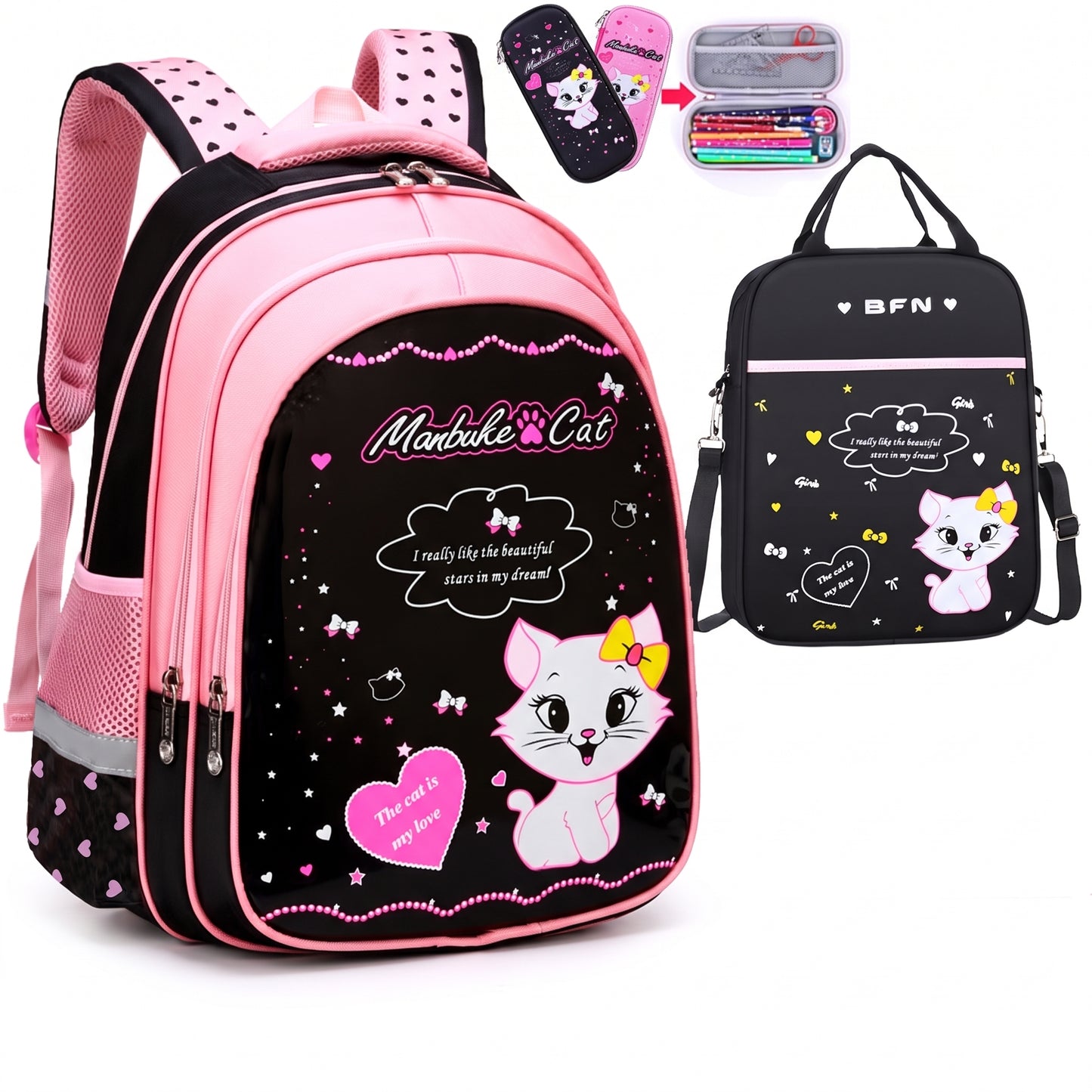Backpack School Bag Girls Pink Black Cat Print - studio
