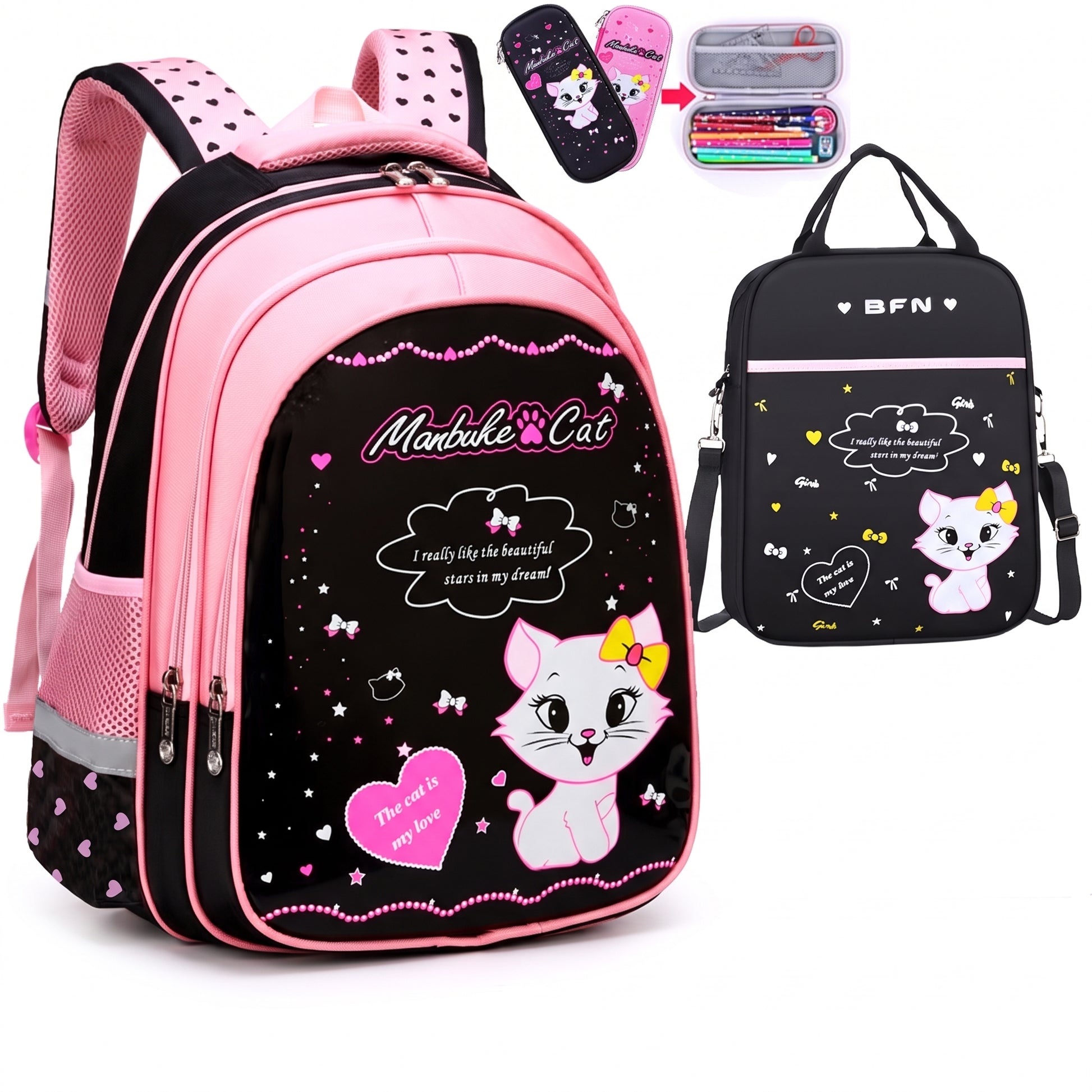 Backpack School Bag Girls Pink Black Cat Print - studio
