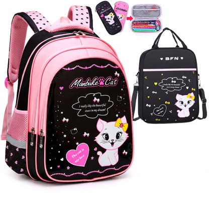 Backpack School Bag Girls Pink Black Cat Print - studio