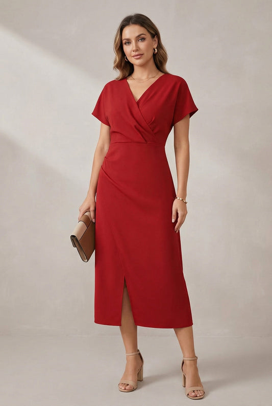 Kimono Sleeve Wrap Midi Dress with Ruched Waist