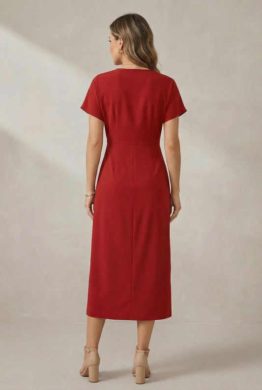 Kimono Sleeve Wrap Midi Dress with Ruched Waist