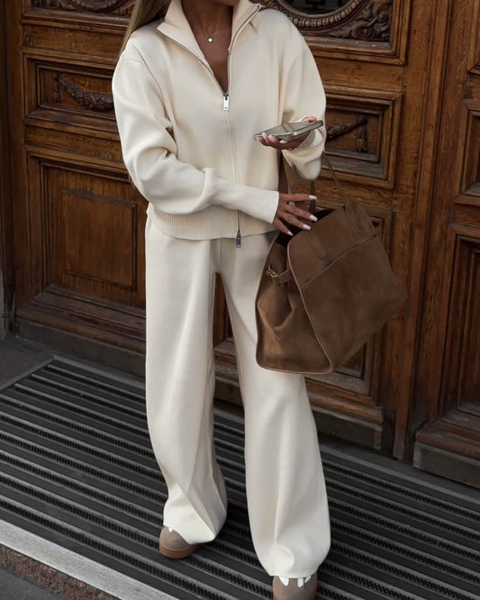Knitted Zip Up Jacket and Wide Leg Trousers Two-Piece Set for Women