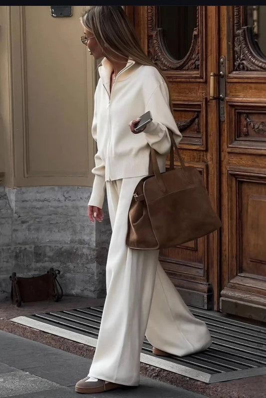 Knitted Zip Up Jacket and Wide Leg Trousers Two-Piece Set for Women