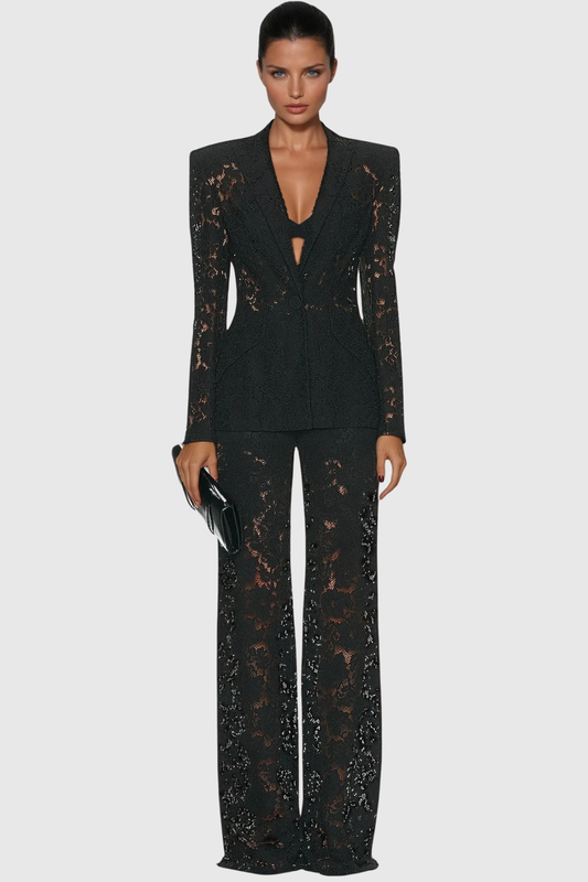 Lace Blazer and Wide Leg Trousers Formal Two-Piece Set for Women