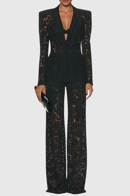 Lace Blazer and Wide Leg Trousers Formal Two-Piece Set for Women