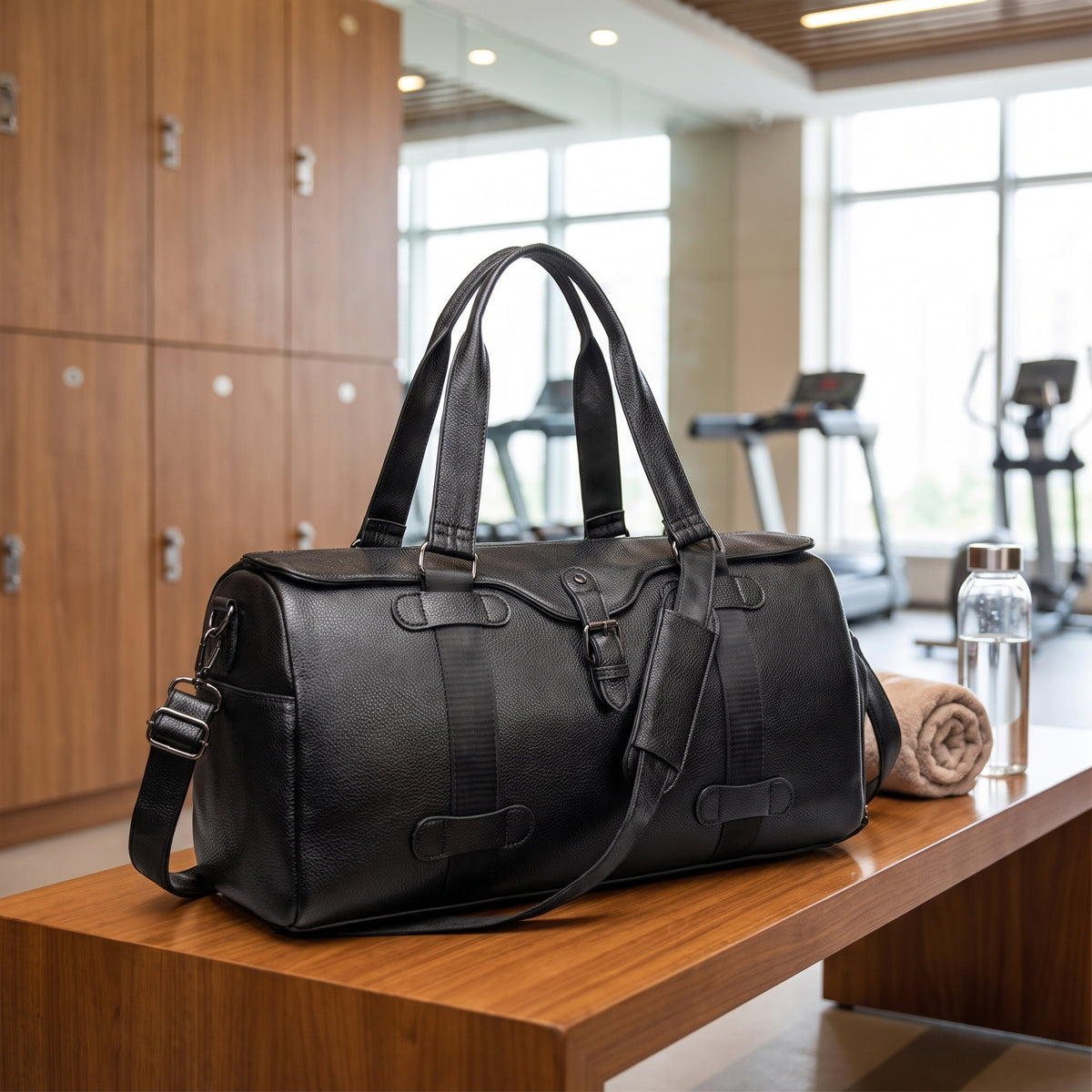 Leather Duffel Bag with Supportive Weekender Design and Buckle Closure - hero