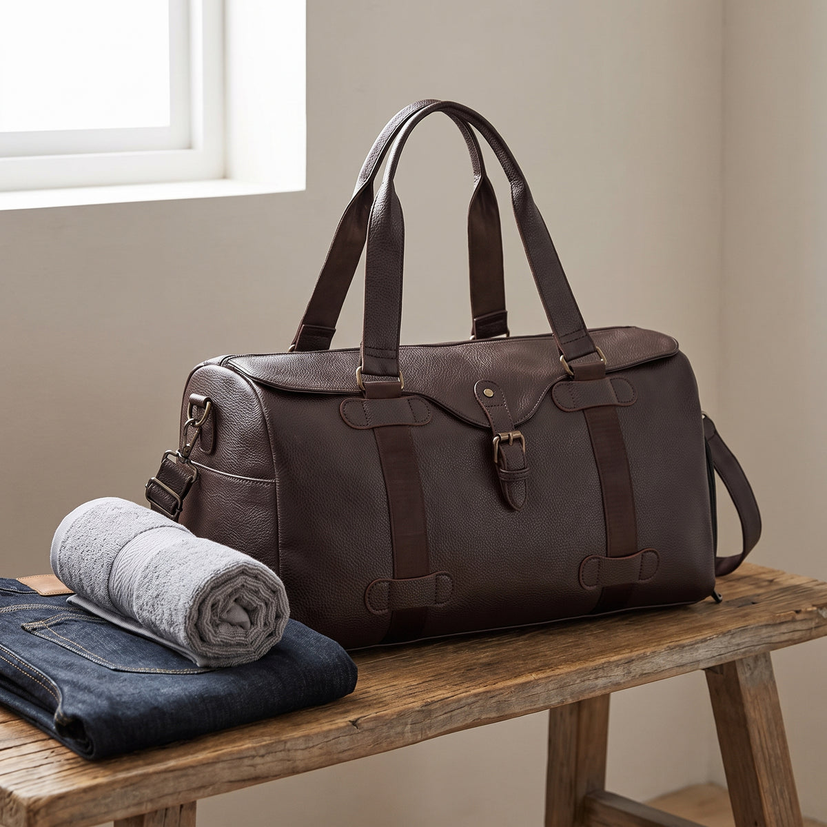 Leather Duffel Bag with Supportive Weekender Design and Buckle Closure - scale