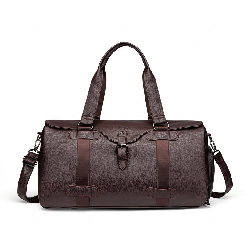 Leather Duffel Bag with Supportive Weekender Design and Buckle Closure