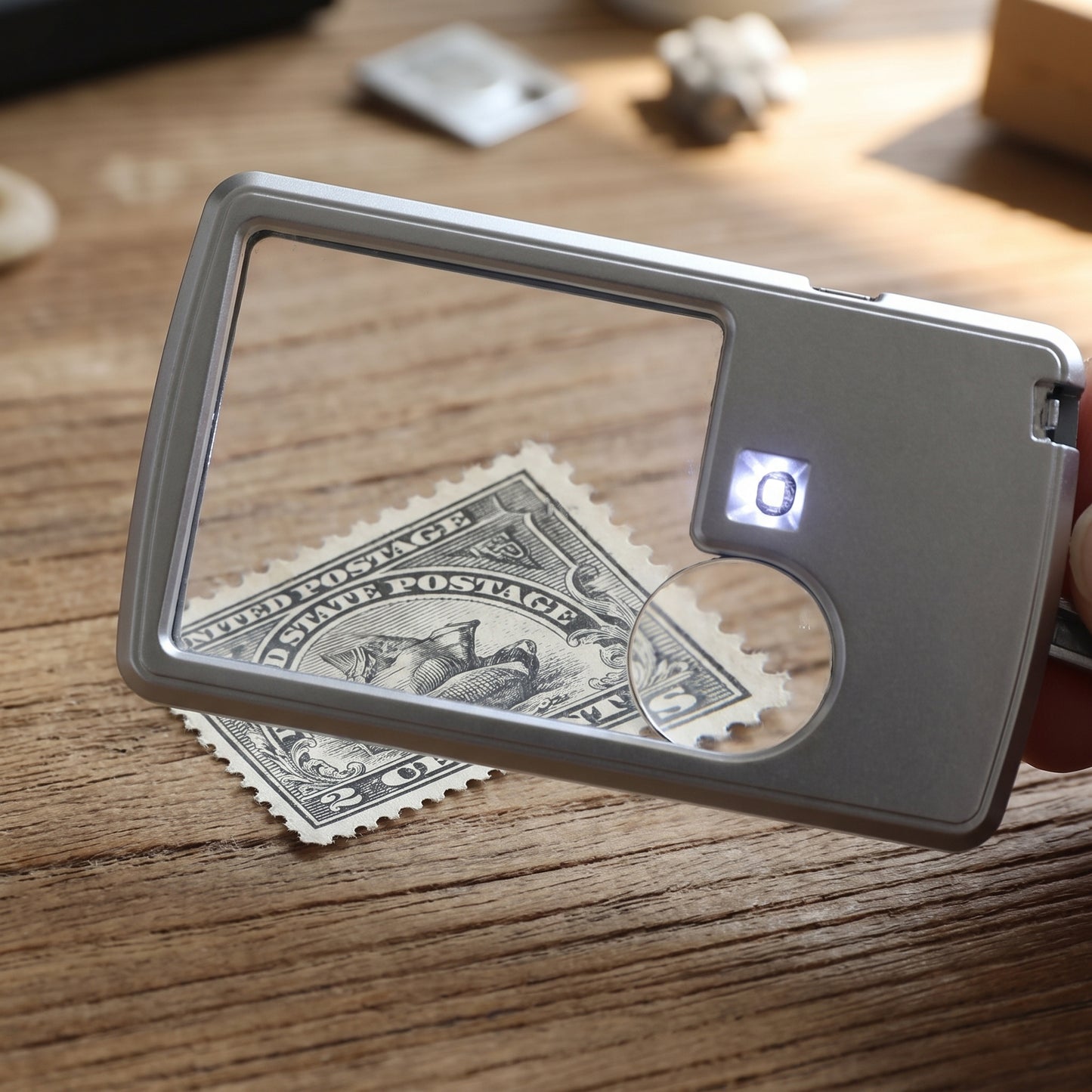 Credit Card Portable LED Magnifier Reading Bright Silver - in-use