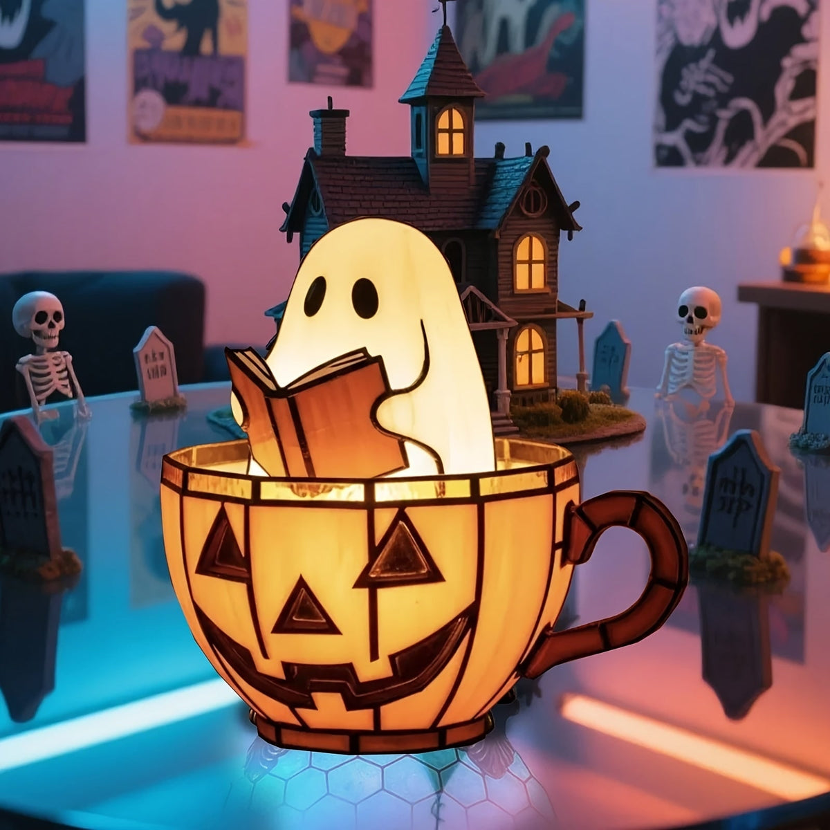 Lighted Ghost Halloween Night Light With Stained-Glass-Style Glow Battery-Operated Decorative Figurine For Indoor Use - Image 5