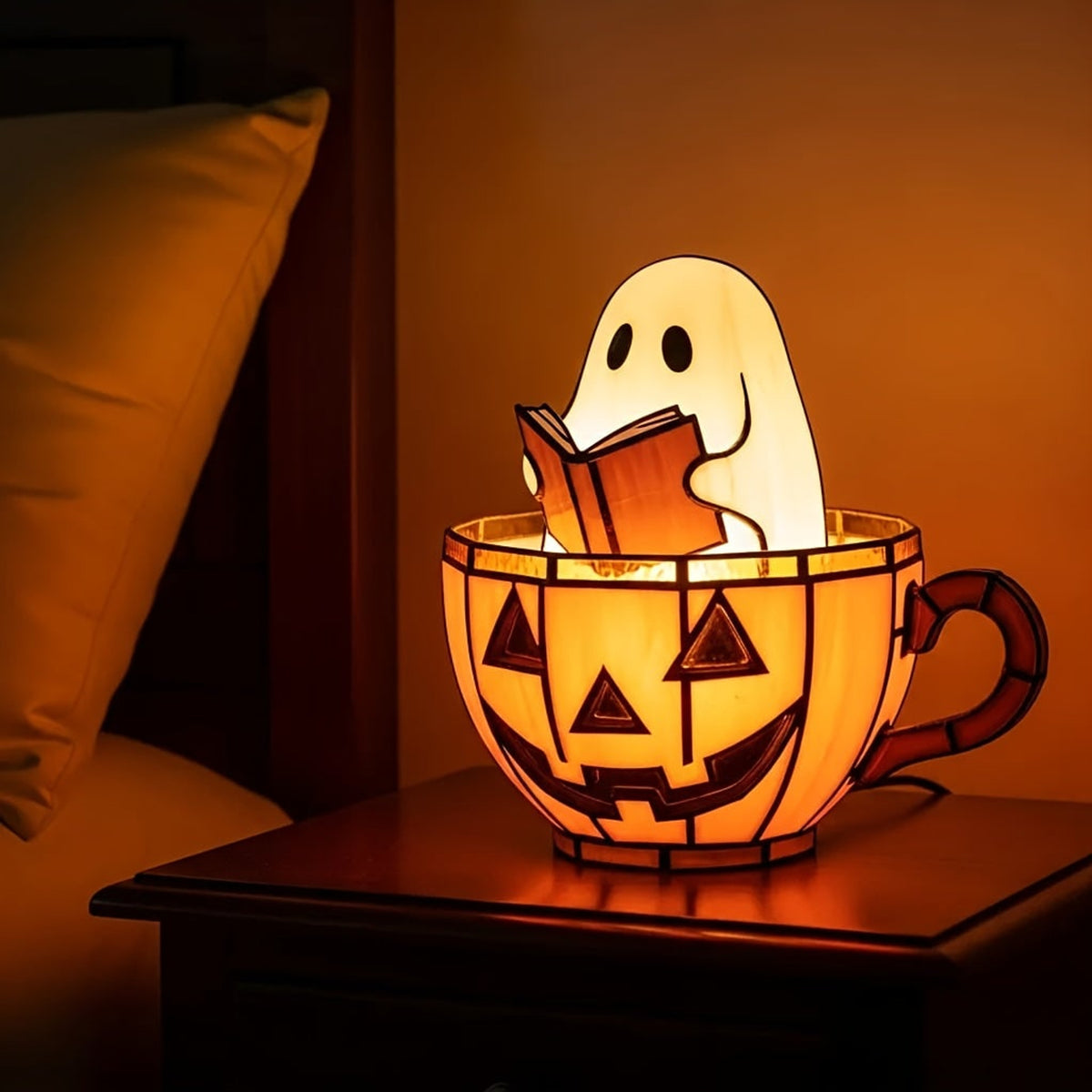 Lighted Ghost Halloween Night Light With Stained-Glass-Style Glow Battery-Operated Decorative Figurine For Indoor Use - Image 4