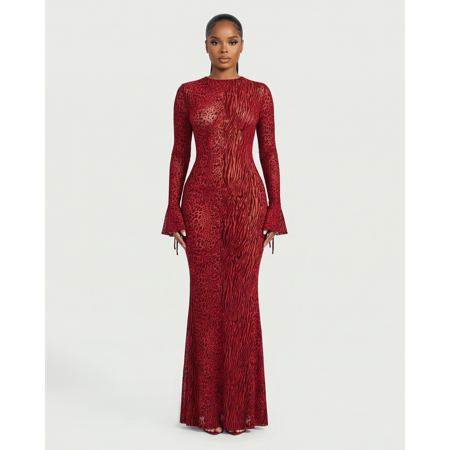 Long Sleeve Maxi Dress Mesh Long Sleeve Animal Print Open Back Dress - Image 1