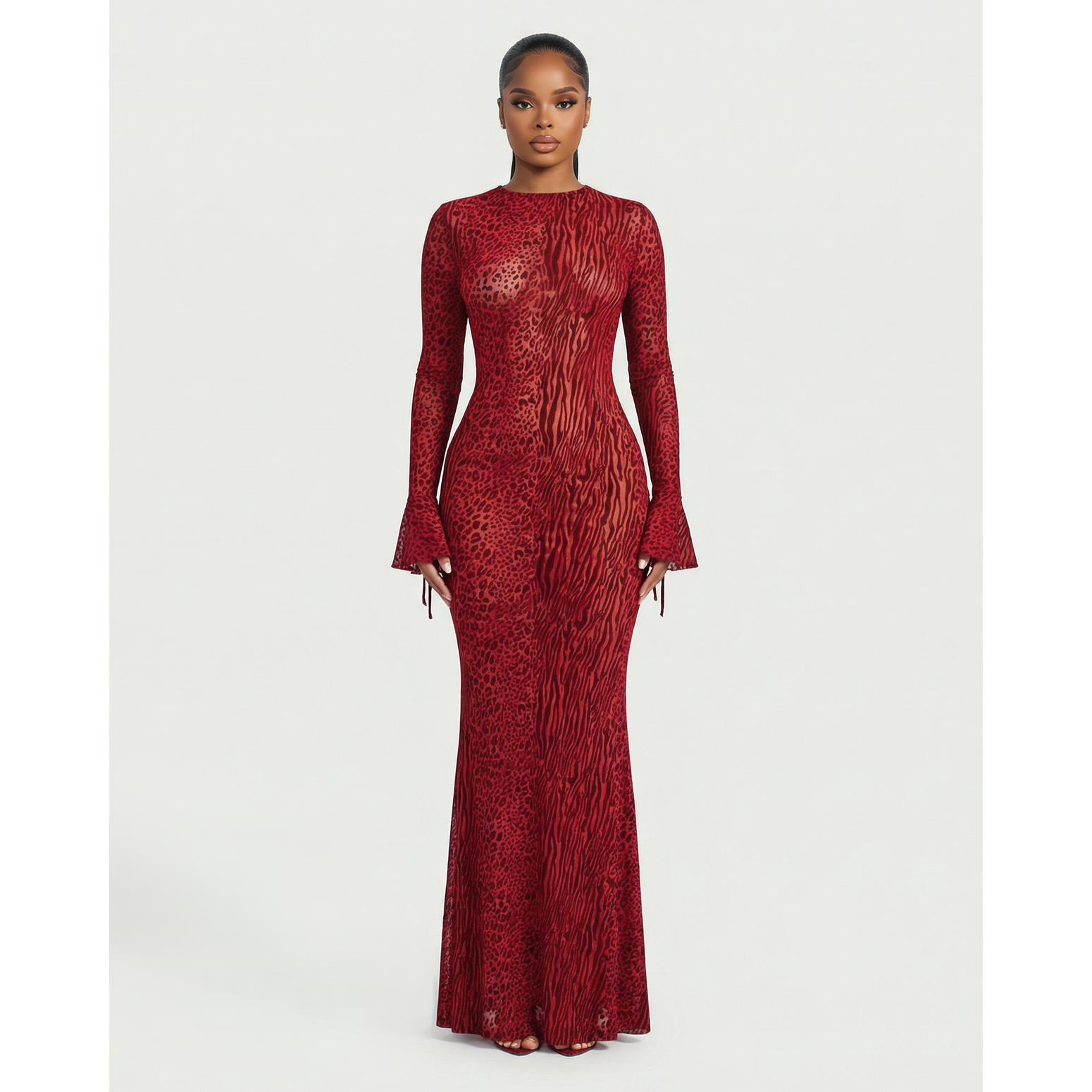 Long Sleeve Maxi Dress Mesh Long Sleeve Animal Print Open Back Dress - Image 1