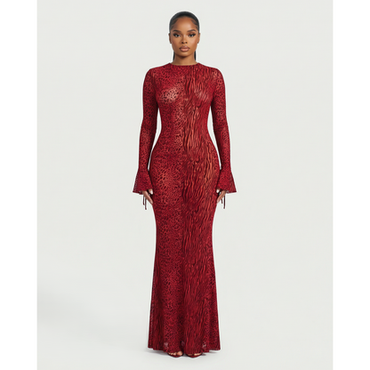 Long Sleeve Maxi Dress Mesh Long Sleeve Animal Print Open Back Dress - Image 1