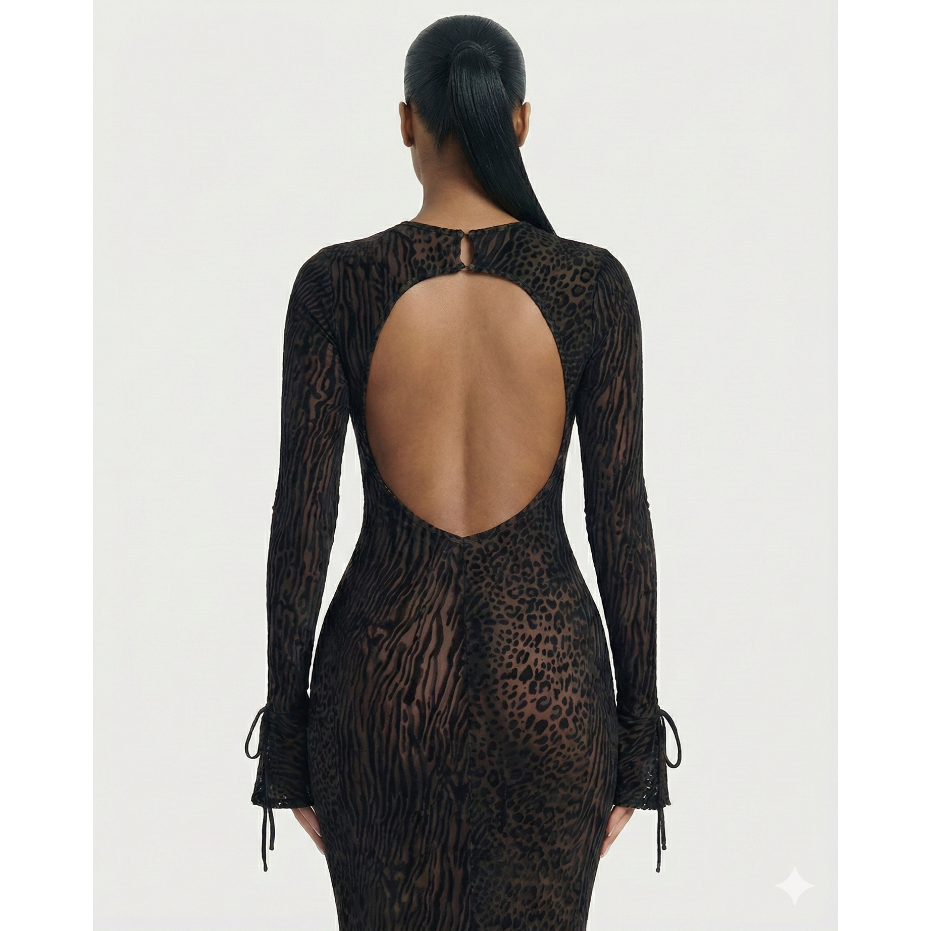 Long Sleeve Maxi Dress Mesh Long Sleeve Animal Print Open Back Dress - Image 10