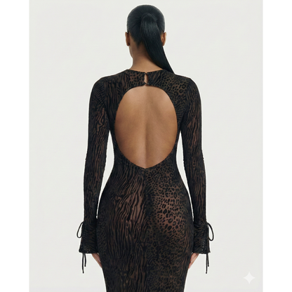 Long Sleeve Maxi Dress Mesh Long Sleeve Animal Print Open Back Dress - Image 10