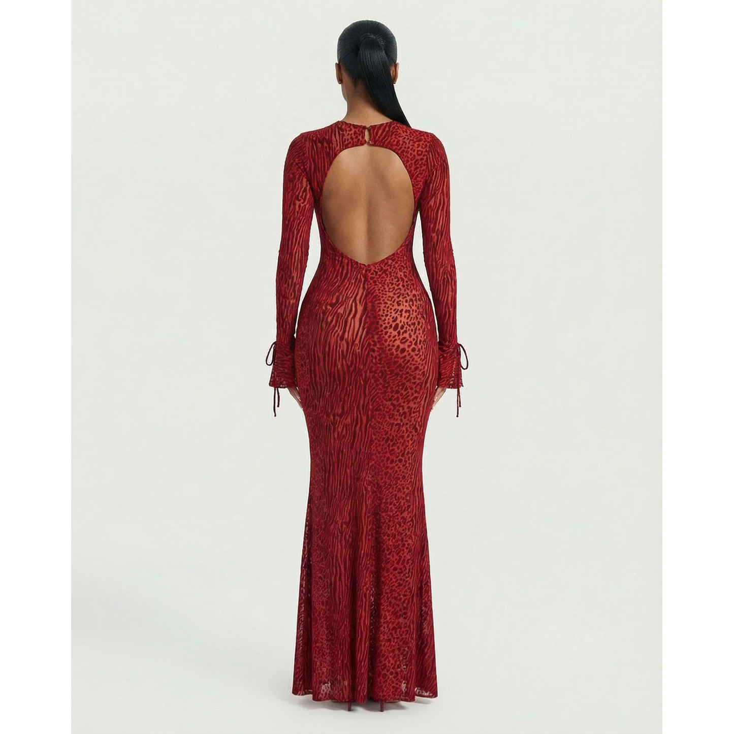 Long Sleeve Maxi Dress Mesh Long Sleeve Animal Print Open Back Dress - Image 2